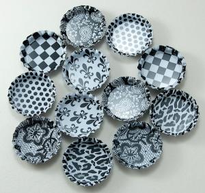 1" Two Sided French Black White Bottle Caps, pack 12