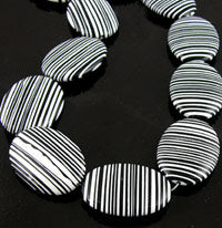 35x25mm Black-n-White Calsilica, Oval Puff Beads, 16in strand