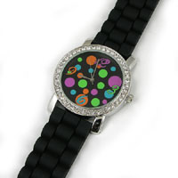 Black-n-Polk-a-Dot Silicone Jelly Geneva Watch w/Swarovski Crystal Bezel, ea