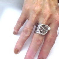 Alphabet Wax Seal Filigree Ring, silver with pearl, each