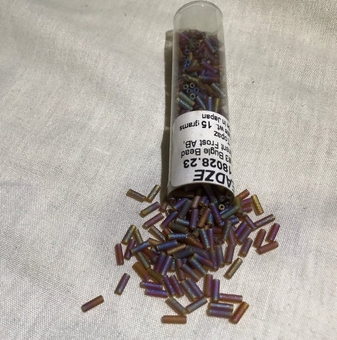 Matsuno Japanese Glass Bugle Beads #3, Transparent Brown Frost AB/Topaz, Approx 582 beads 18028.23