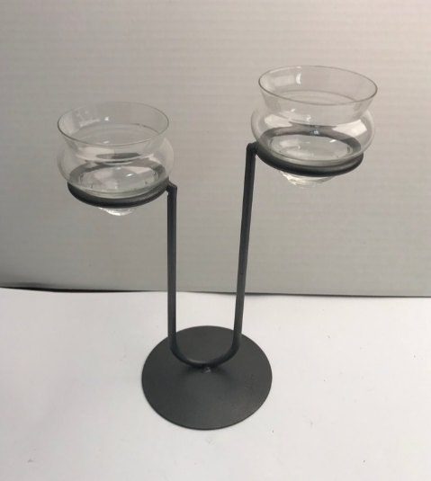 Glass and Black Steel Votive Candle Holder, Holiday, Christmas or Wedding Centerpiece for 2 candles, free standing, 1 each