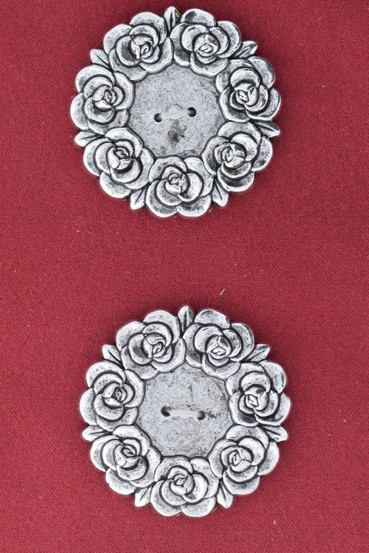 Vintage Rose Button, 2 hole, Plated, Antique silver finish, set of 4