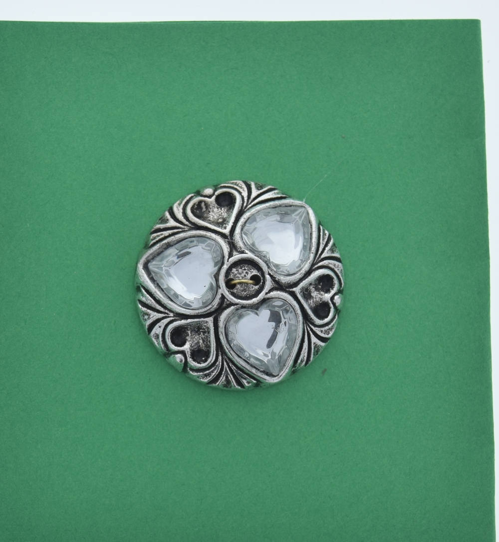 Vintage Heart Button with crystal stones, 2 hole, antique silver plated, made in Germany, pack of 4