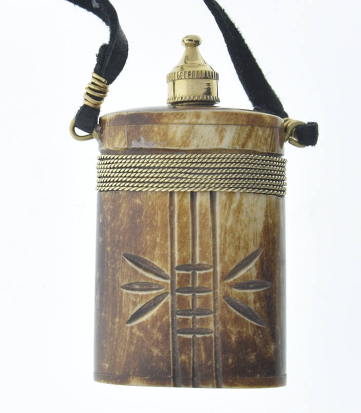 Carved Vial Necklace, handmade, 71mm, bone, brass, black leather cord, Each