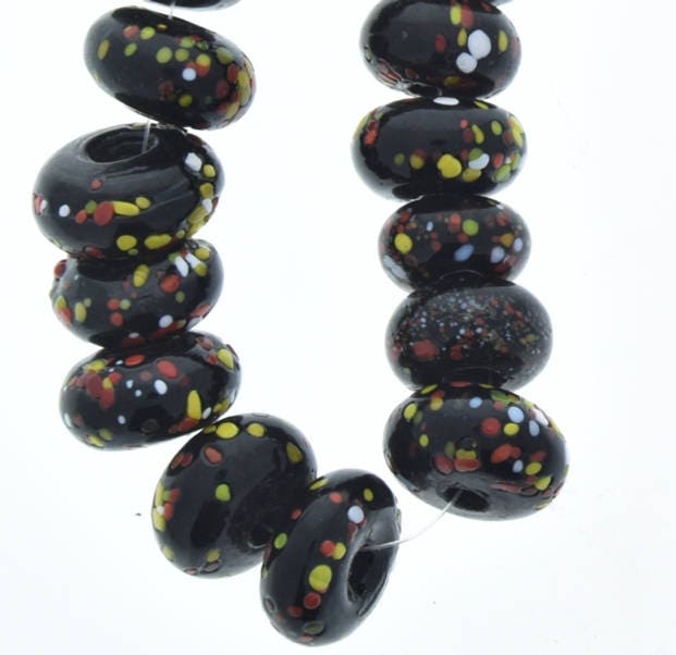 Black Glass Confetti Handmade Beads, 20mm donut shape, 5mm hole, sold by 12 inch strand (8217)