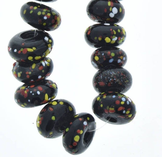 Black Glass Confetti Handmade Beads, 20mm donut shape, 5mm hole, sold by 12 inch strand  (8217)