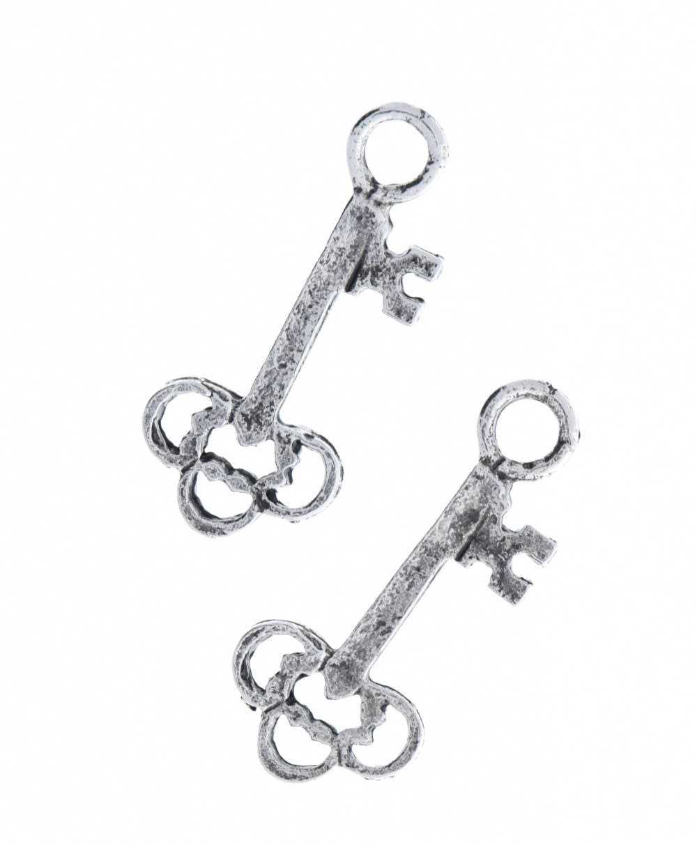 33mm Skeleton Key Charm Pendant, filigree top, antique silver finish, cast pewter, Made in USA, Pack of 6