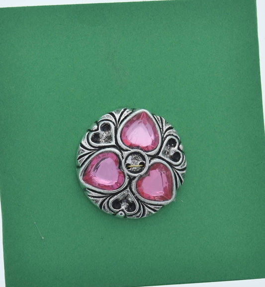 Vintage Button, 2 hole, antique silver plated with pink crystal stones, made in Germany, pack of 4