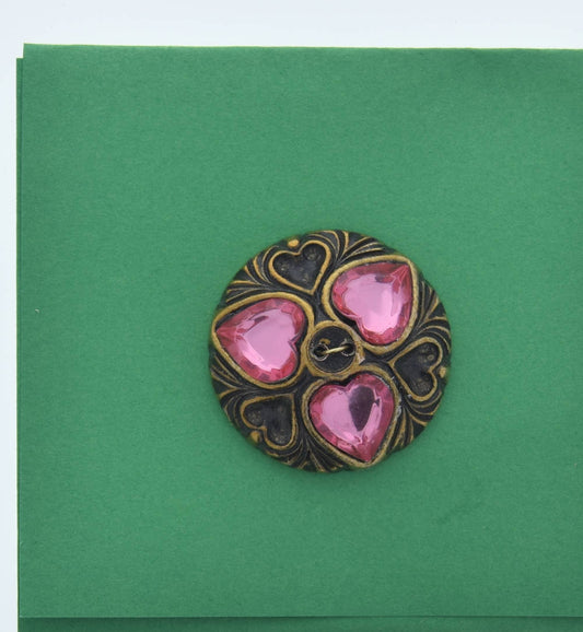 Vintage Button, 2 hole, antique gold plated with pink stones, made in Germany, pack of 4