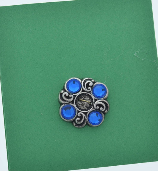 Button, 26x26mm Antique Silver with 5 Sapphire Blue Stones, pack of 4