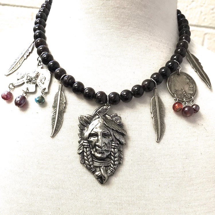 American Indian Chief Necklace, Turquoise or Onyx Beads, 18" or 24", Made in USA, Each