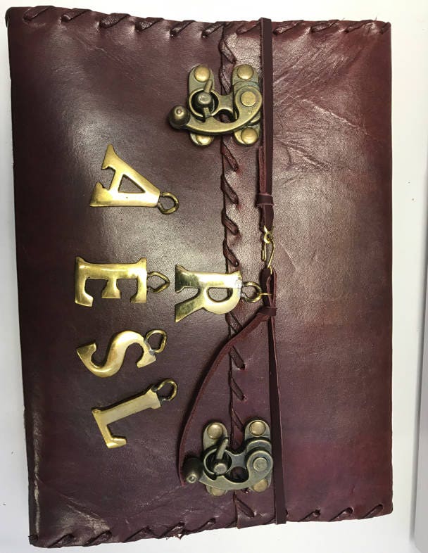 Personalized Brown Leather Journal, whipstitch, leather strap 2 antique gold metal slide hook latches, hand crafted paper, & brass initial.