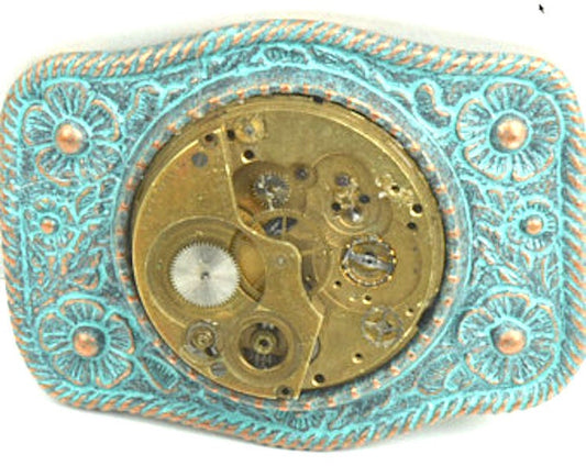 3.2" Steampunk Green Patina Belt Buckle, gift box, with watch gears, and Black or Brown Suede Belt, HandMade in USA