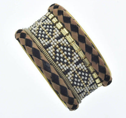 1.5" Beaded Leather Brass Cuff bracelet, taupe, black, white, adjustable, pack of 3
