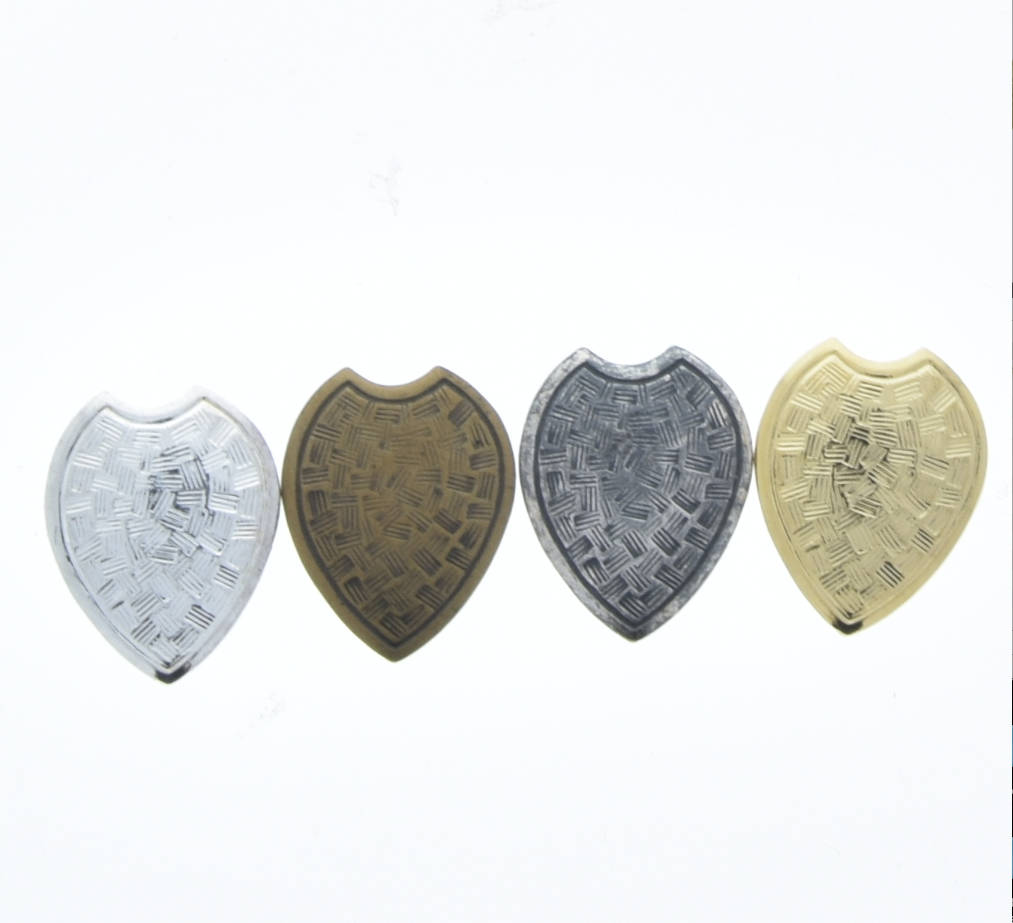 Shield Charm, Antique Gold or Silver, Bright Gold or Silver, 13mm x 10mm Vintage Metal Stamping, Made in USA, Pack of 6