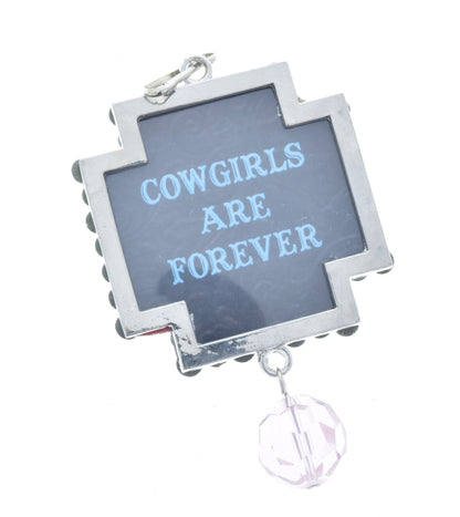 Vintage Campfire Cowgirl Art Pendant, Crystal on Copper or Pink Crystal on Silver, Cross frame, 48mm, Pack of 3