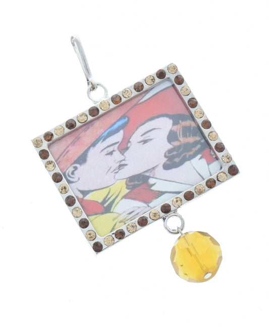Vintage Kissing Cowgirl  Art Crystal pendant, Multi, Add your own art, 46mm x 37mm, Pack of 3
