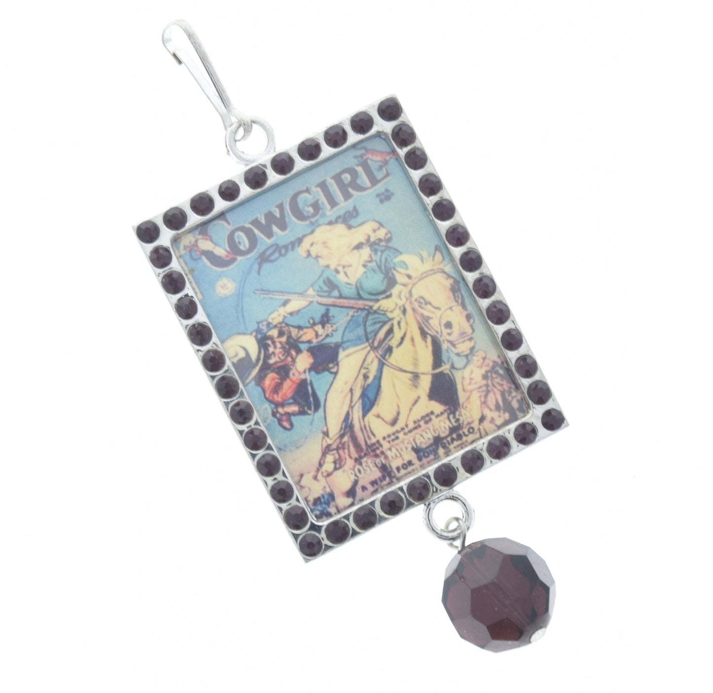 Vintage Art Ride 'em Cowgirl Pendant, Silver Rectangle, Black Crystal or Black and White Crystal, 46mm x 36mm, Pack of 3