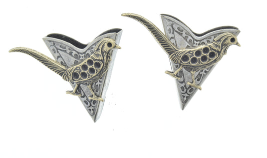 Road Runner Bird Collar Tips, Faux Marcasite Design, Antique Gold on Antique Silver, Made in USA, 1 pair