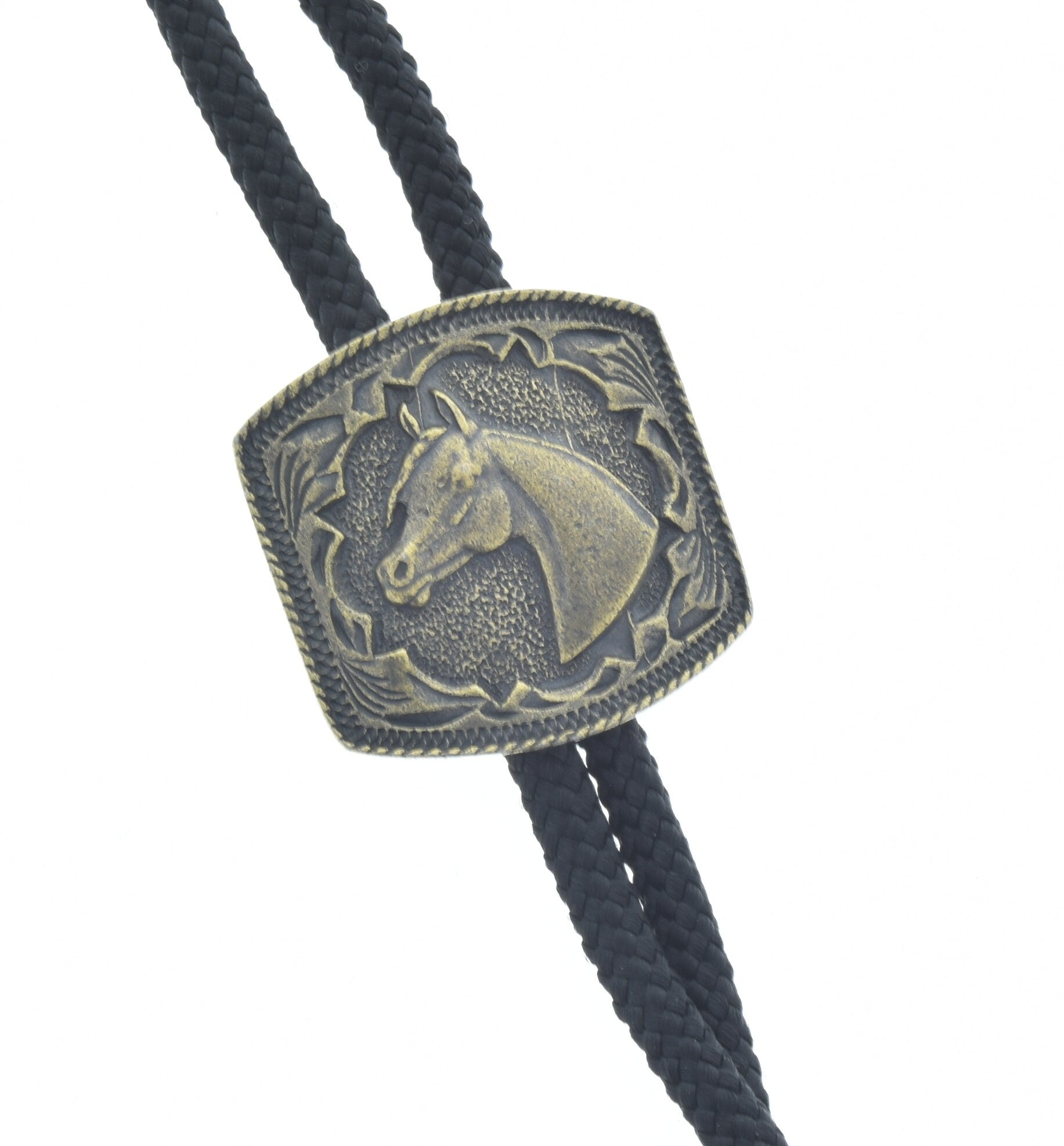Western Bolo Tie, Tooled Horse in antique gold. Choose Black  display picture 1