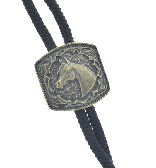 Western Bolo Tie, Tooled Horse in antique gold. Choose Black, Red, Turquoise Blue or Olive Green 36" cord, made in USA, Each