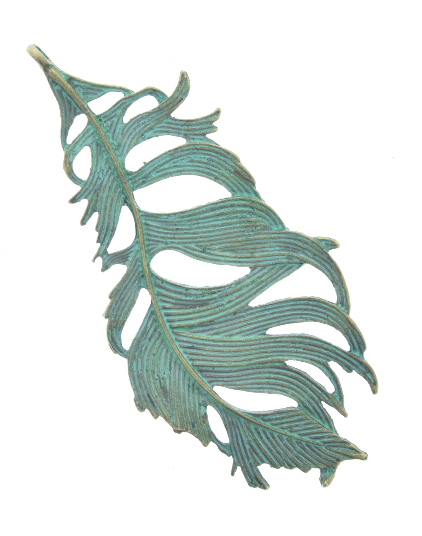Feather Pendant or Char, 86mm (3.25") verdigris green turquoise patina, top loop, 1 each