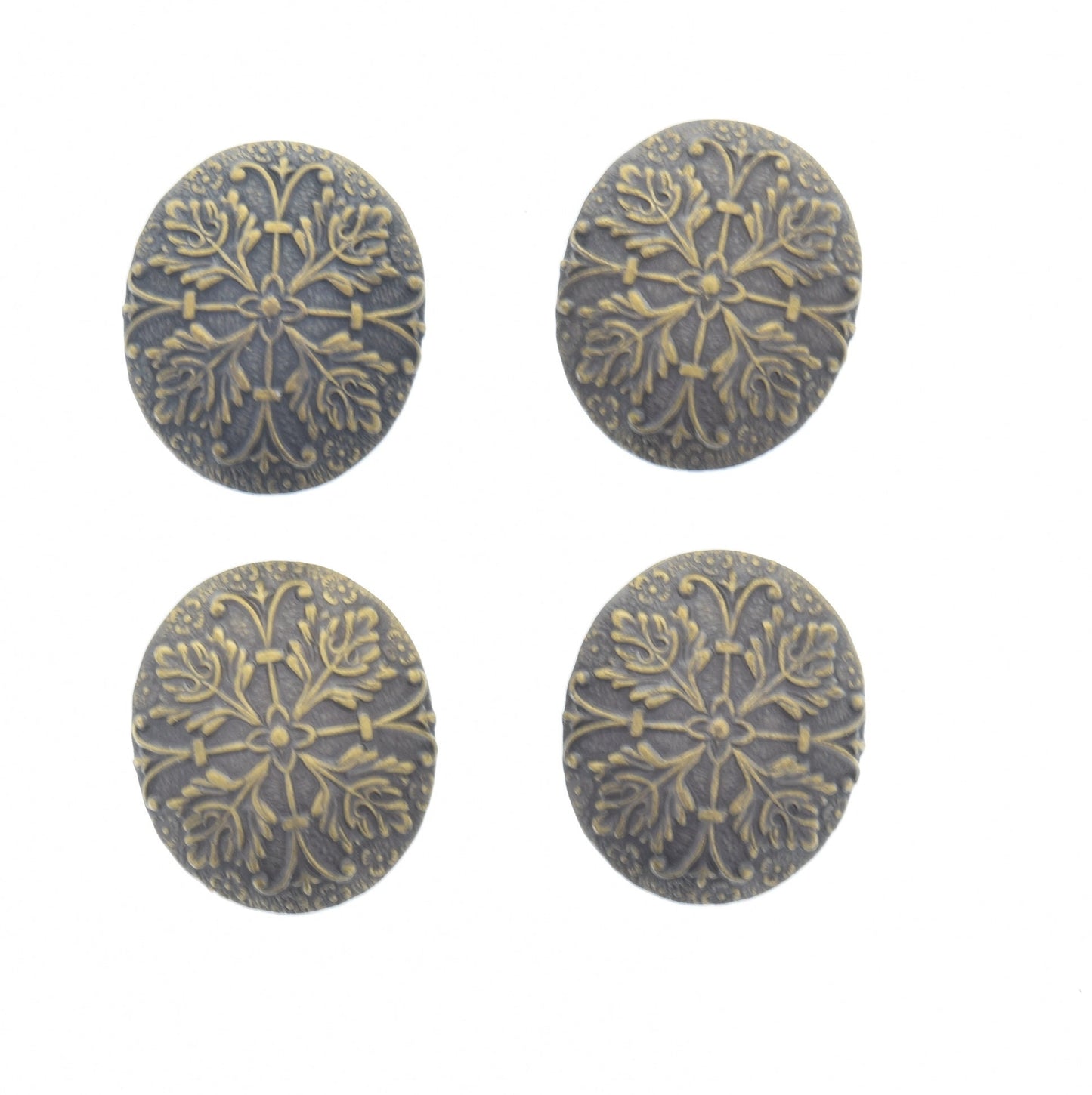 Vintage Button Covers, oval stamping, antique silver finish, 25mm x 22mm, Made in USA, Set of 4