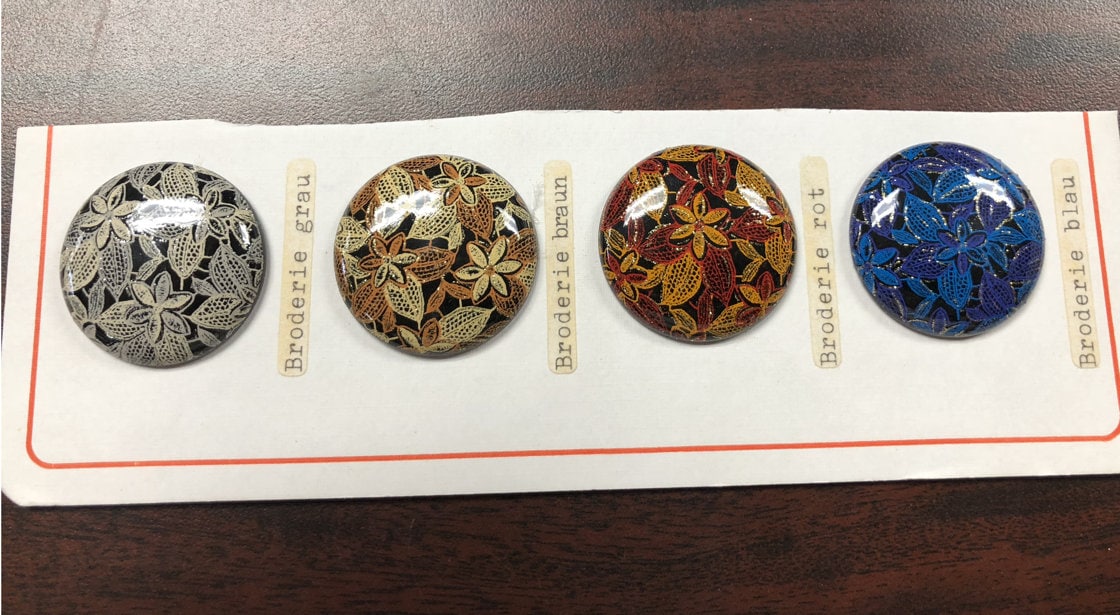 Vintage 1960s Litho Printed Cabochons, 34mm, Flower Blue Brown Gray Red, SET of 4 PIECES, acrylic flat back, 1 Set of 4 Cabochons