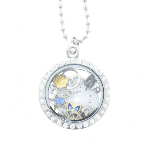 Floating Locket Necklace with watch gears and parts, each