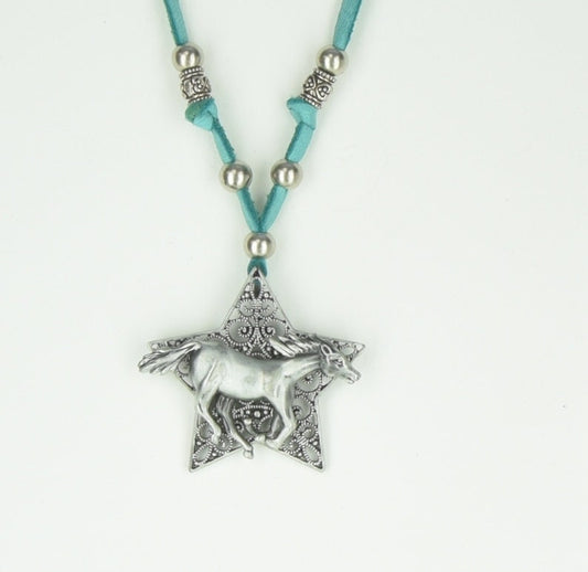 Galloping Horse Necklace, Silver on turquoise leather cord, 19" cord, handmade, each