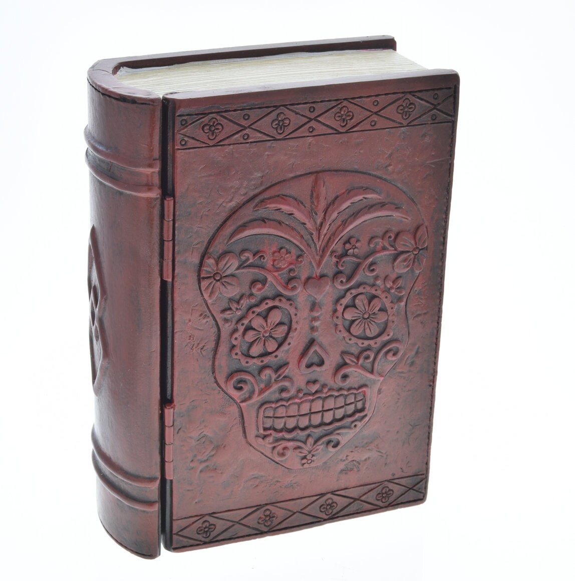 Day of the Dead Resin Box, 6" tall 6" wide x 2", embossed, charm and leather strap with charm, sold by each 2700