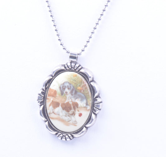 40mm Puppy Dog Cameo Necklace, Vintage Litho Cabochon in filigree setting, gift bag, 18" or 24" chain, antique gold or antique copper, Each