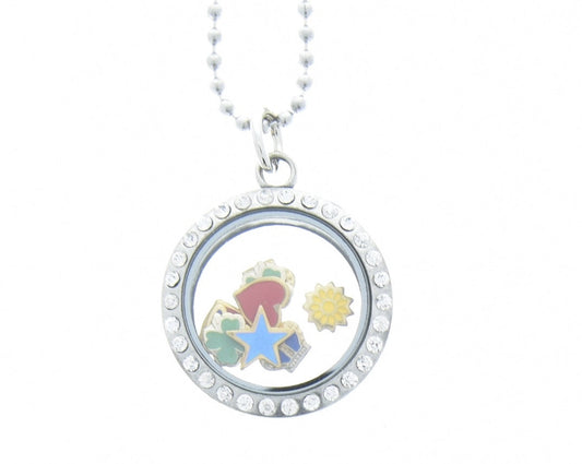 Floating Glass Crystal Locket Necklace with tiny charms, Each