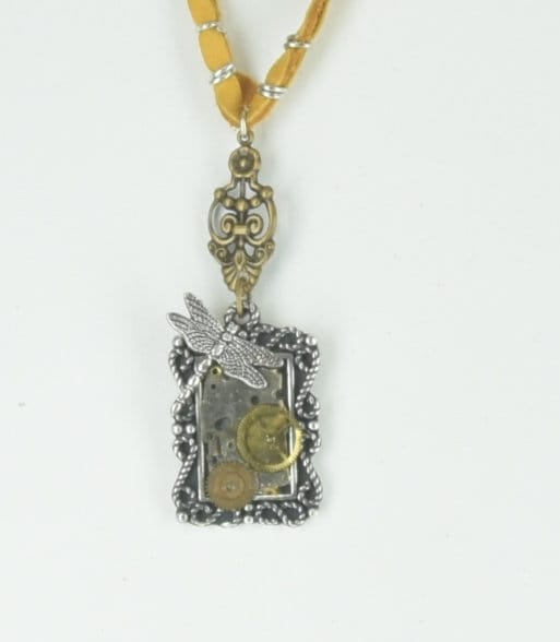 Dragonfly Steampunk Pendant Necklace on 18" or 24" leather cord in black or yellow, made in USA, Each