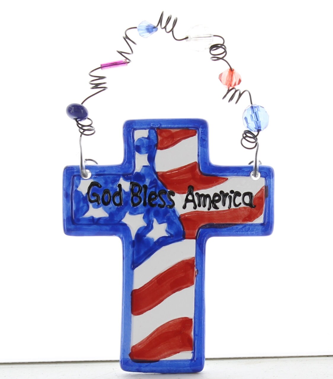 GOD BLESS AMERICA Ceramic Cross Wall Hanger with beaded loop, 4" tall, sold by 3 each