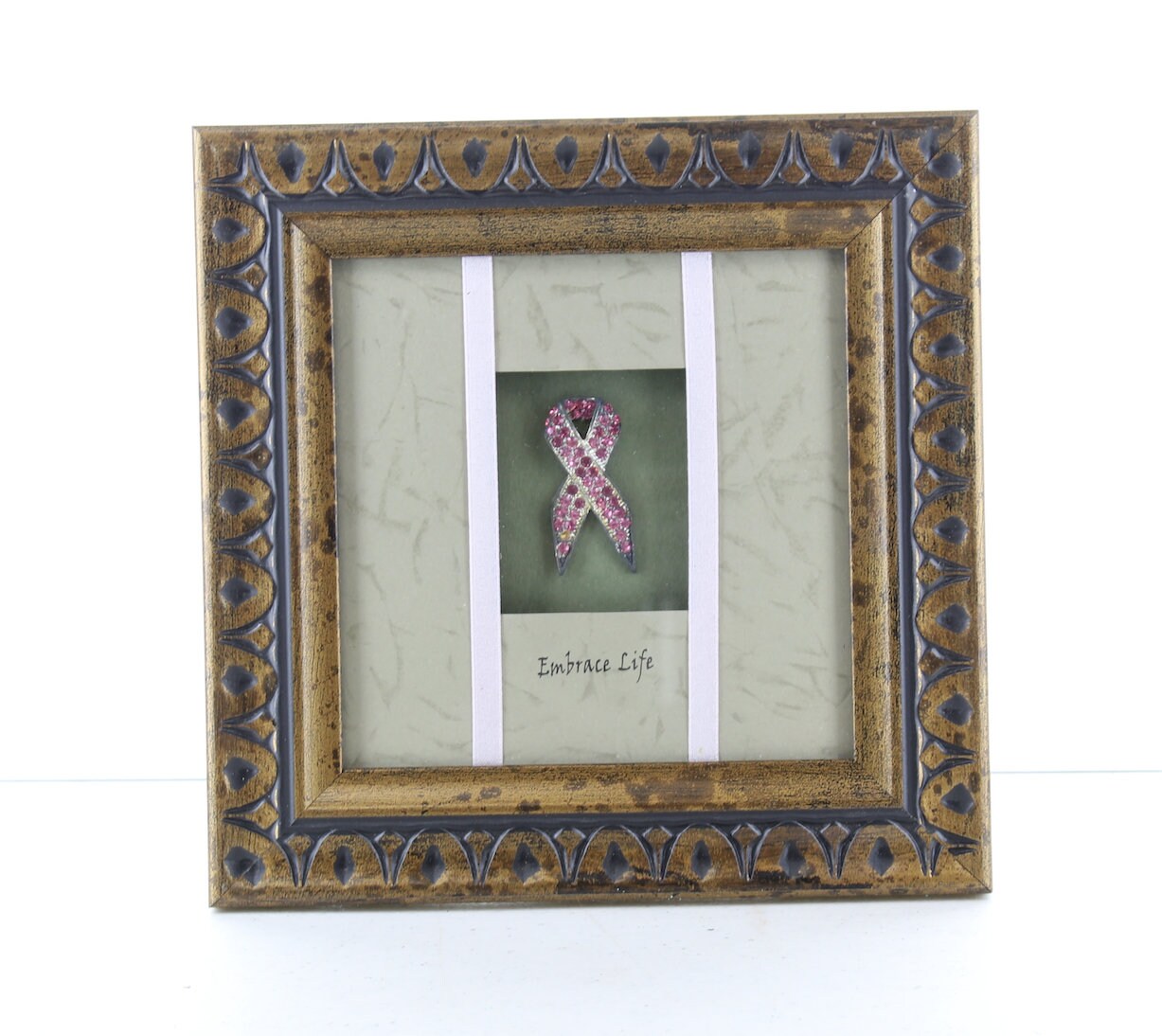 Shadow Box frame "Embrace Life" with Pink Crystal Ribbon, Breast Cancer Encouragement Fram Art, 7" sq, SOLD BY EA.