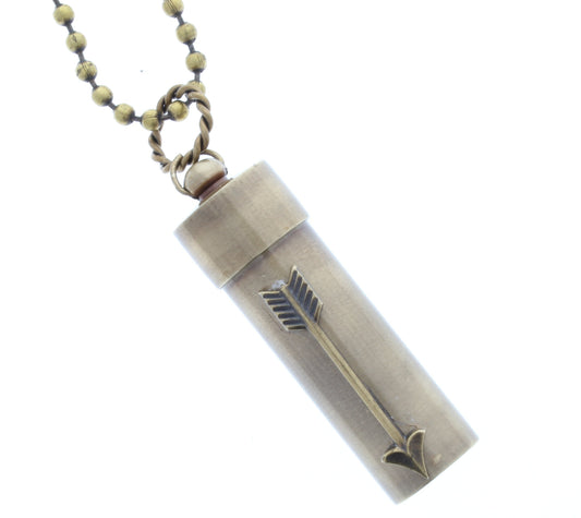 2" Brass Canister Necklace with Native American Arrow, lid screws off, 18" gold ball chain, Each