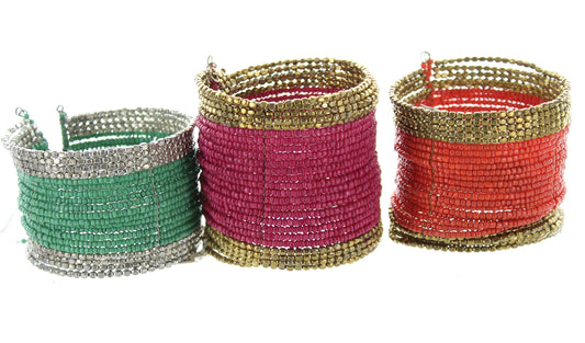 Beaded Cuff Bracelets, Adjustable Comfort Fit, Handmade, Pink, Green, Orange, Silver & Gold Glass Beads, set of 3