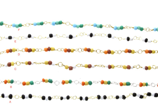 Glass Beaded Chain, sold by 10' spool, glass beads links, Turquoise, Navy Blue, Red, Orange, Yellow, Green, 6 color ways, 10 foot chain