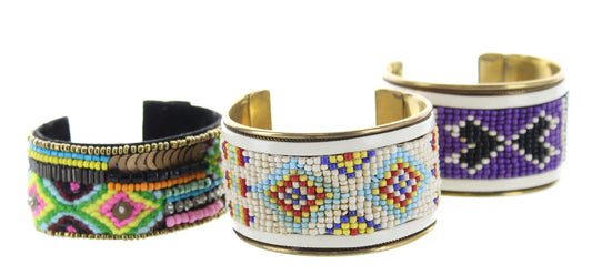 Beaded Chevron Arrow Mosaic Cuff Bracelets, Turquoise, Yellow, White, Red, Black, Purple, Adjustable, Handmade, set of 3