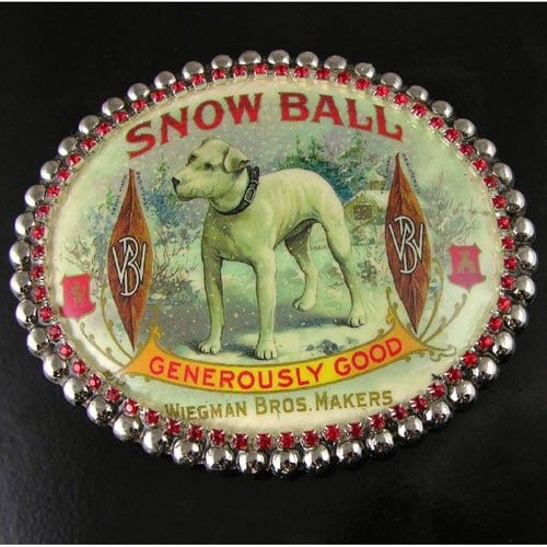Vintage Art Belt Buckle, White Snow Ball Pup Dog Buckle on leather belt, each