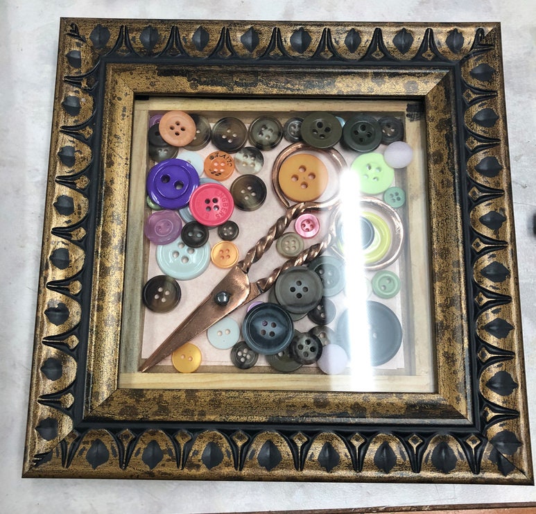 Seamstress Shadow Box Frame Wall Decor with Buttons and Vintage Scissors in gold frame, Each