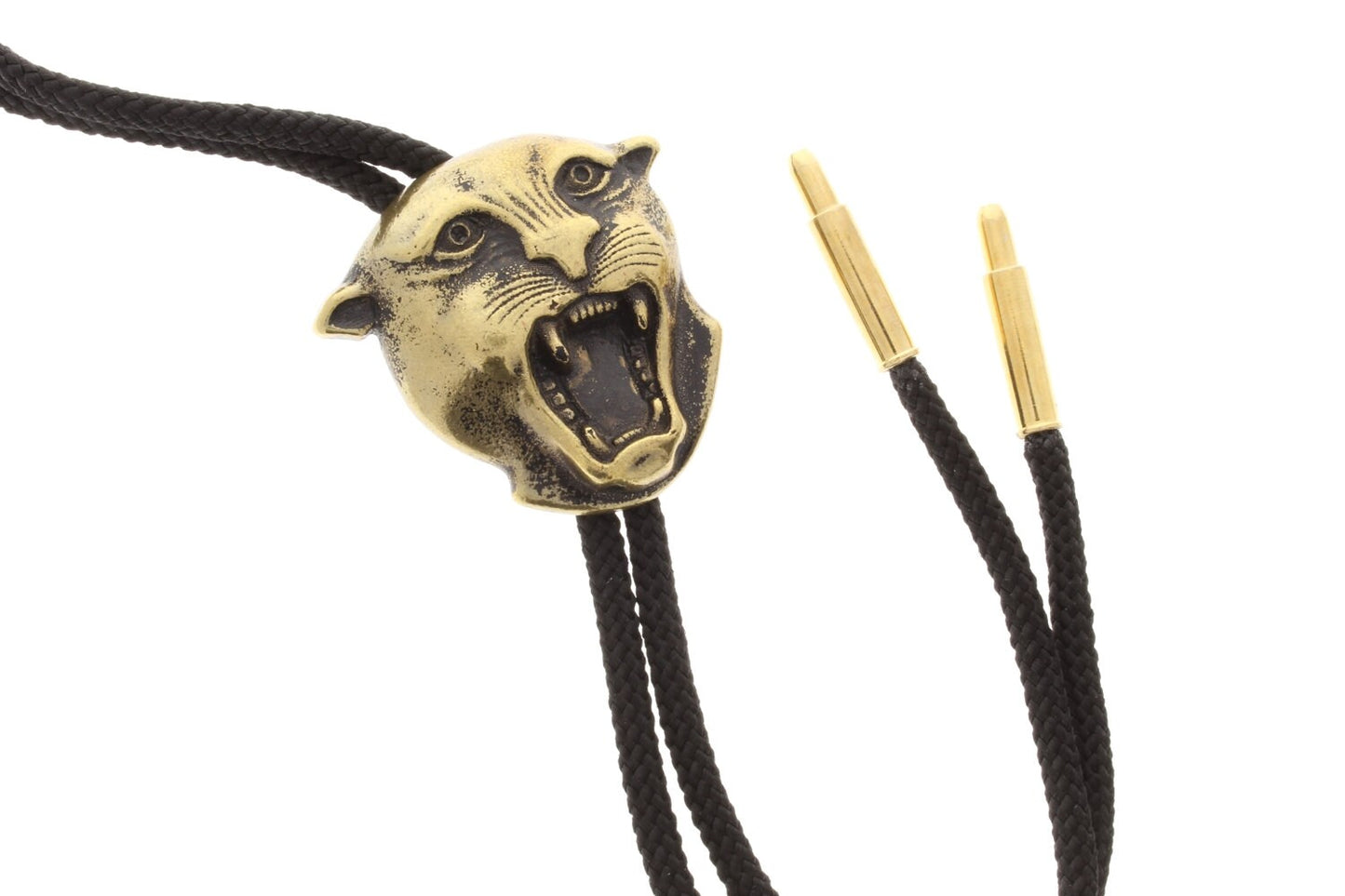 Panther Wildcat Bolo Tie Lariat, antique gold on black or red 36" cord, made in USA, Each