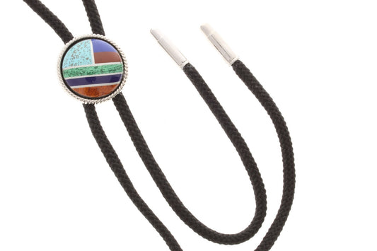 Turquoise litho print inlay Bolo Tie on 36" black cord with tips, made in USA, each