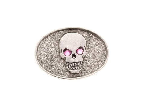 Skull Oval Belt Buckle in antique silver, Pink Crystal eyes, 3" wide, 1.5" D Ring on back, Made in USA Each