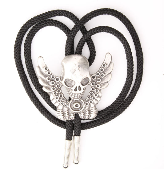 Winged Skull Biker Bolo Tie Jewelry, Antique silver, 36" Black or Red Cord, Made in USA, Each