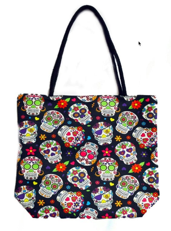 Sugar Skull Jute Tote Bag, printed, rope handles, each