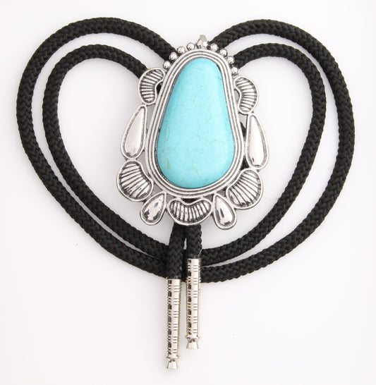 Western Bolo Tie, simulated turquoise bolo on 36" black cord, made in USA, each