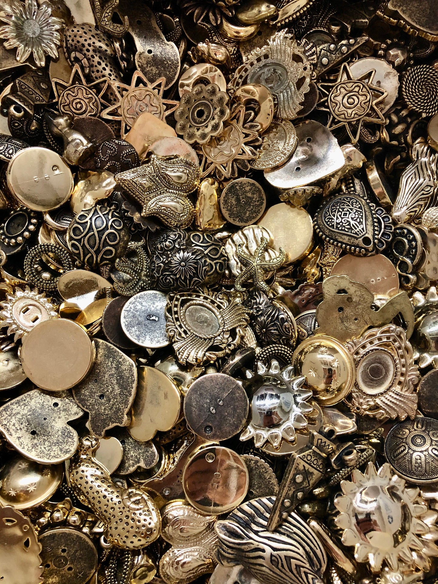 Vintage Buttons & Cabochons, Antique Silver or Gold, flat back, no shank or holes, assorted styles, 1.00 each, 10 piece minimum, MixButtons